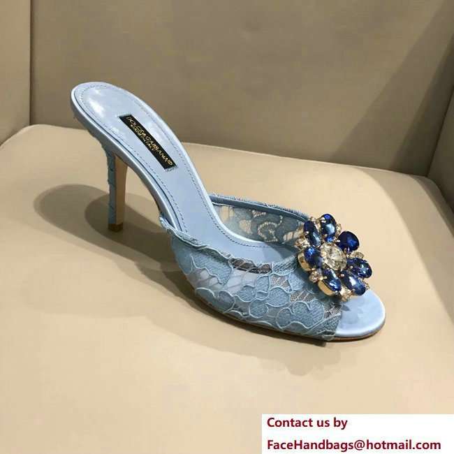 Dolce  &  Gabbana Heel 7cm Slippers Light Blue In Lace With Crystals 2018